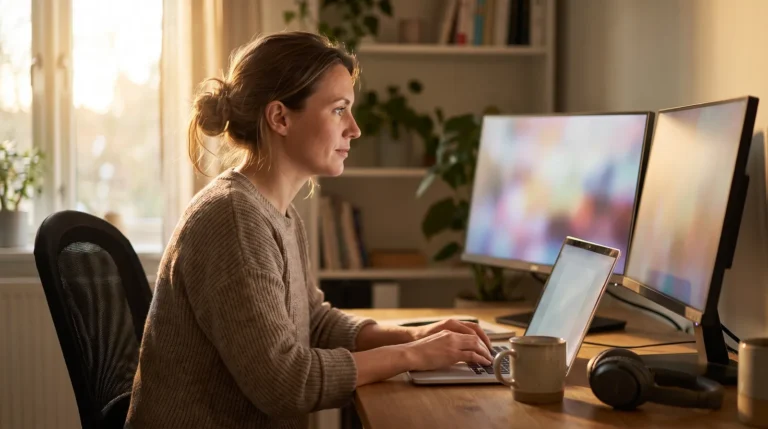 Blogger at a desk researching affiliate marketing keywords on a laptop in warm daylight