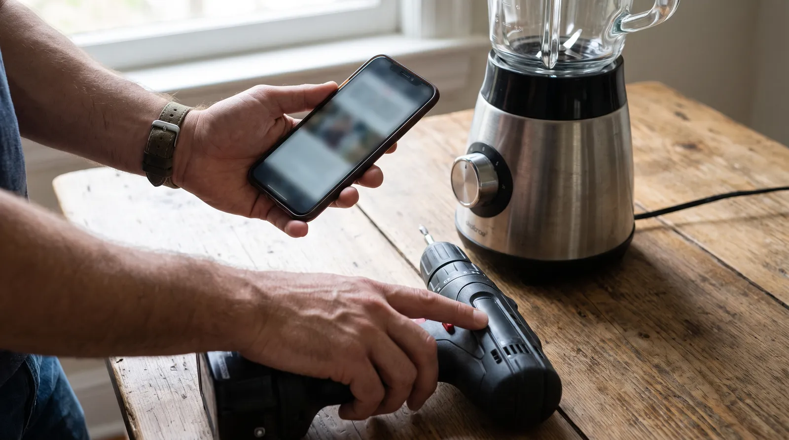 Hands comparing a cordless drill and a blender on a wooden table while holding a phone