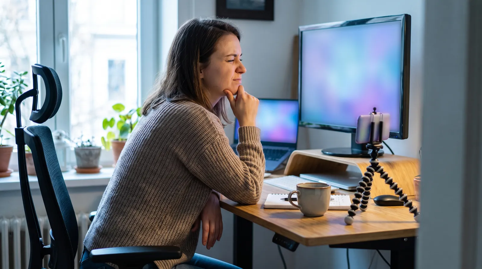 Creator studying search results on an angled monitor while evaluating keyword intent
