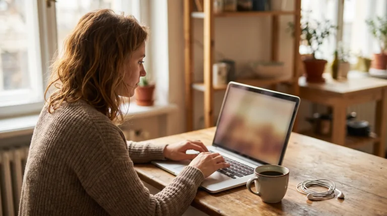 A woman learning affiliate marketing for dummies types on a laptop at a sunlit kitchen table