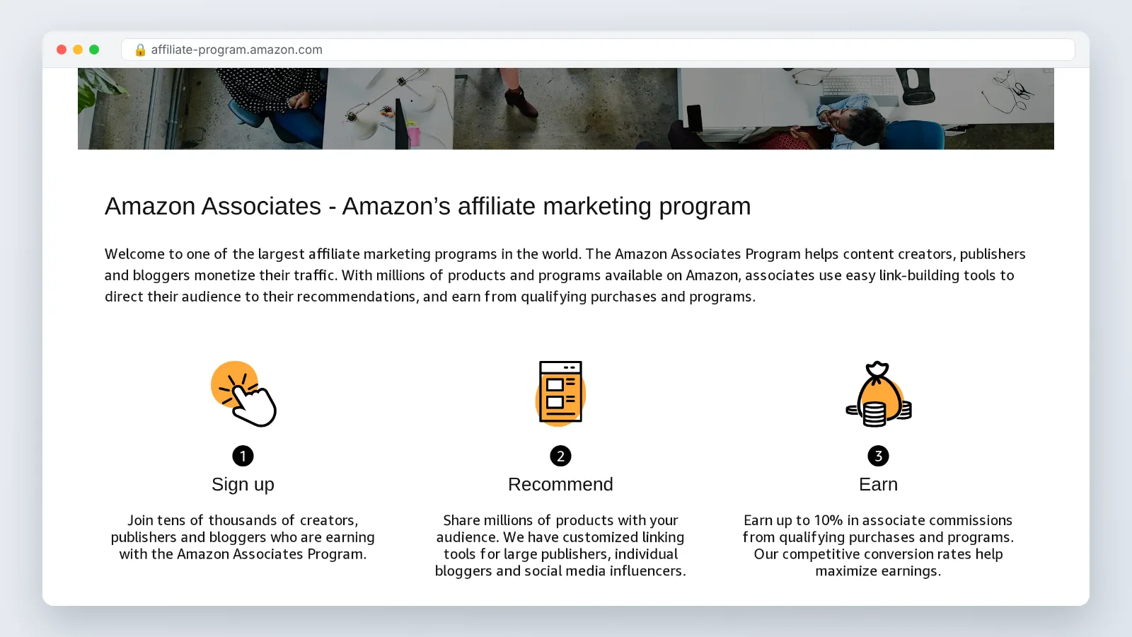 Amazon Associates affiliate program home page, the starting point for affiliate marketing for dummies