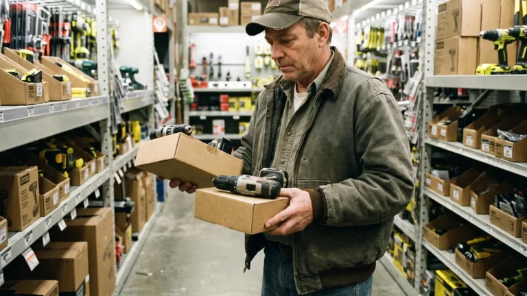 Shopper in a store aisle comparing two boxed cordless drills under fluorescent light