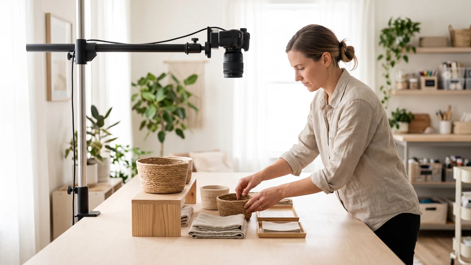 Woman arranging woven baskets and folded linens on a bright table under an overhead camera on a boom arm