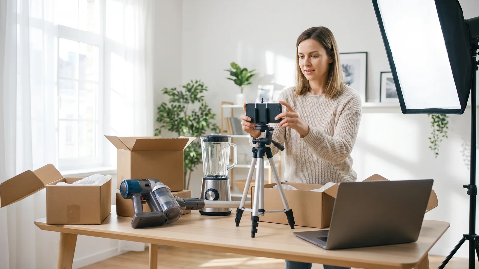 Woman adjusting a phone on a tripod on a table with a blender, cordless vacuum, open cardboard boxes and a laptop.