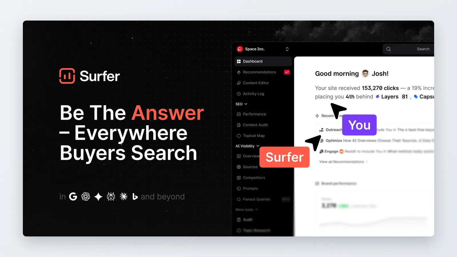 Surfer dashboard: sidebar with Content Editor, Content Audit, AI Visibility, plus recommendations and brand performance