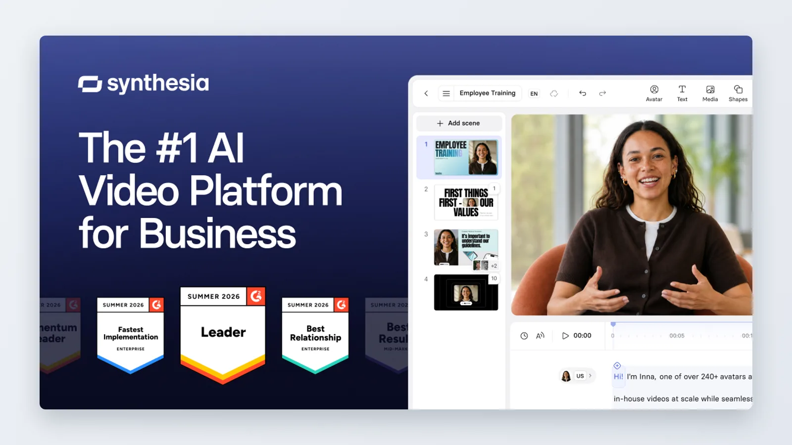 Synthesia share image: video editor with scene thumbnails, avatar presenter preview and script timeline