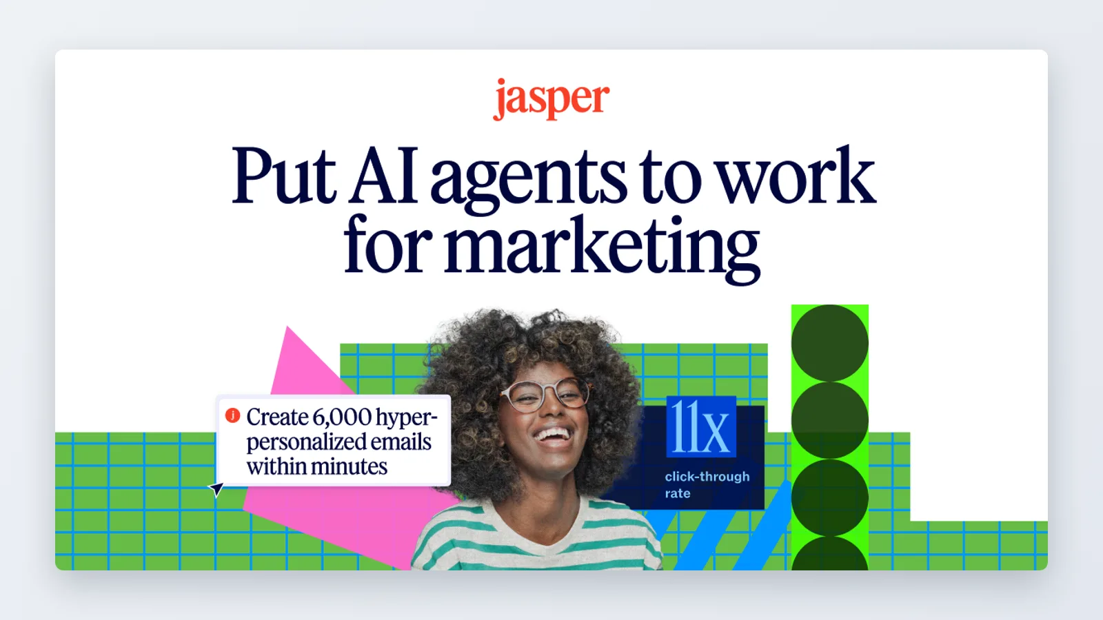 Jasper share image: red jasper wordmark, 'Put AI agents to work for marketing' headline, photo and stat callout cards