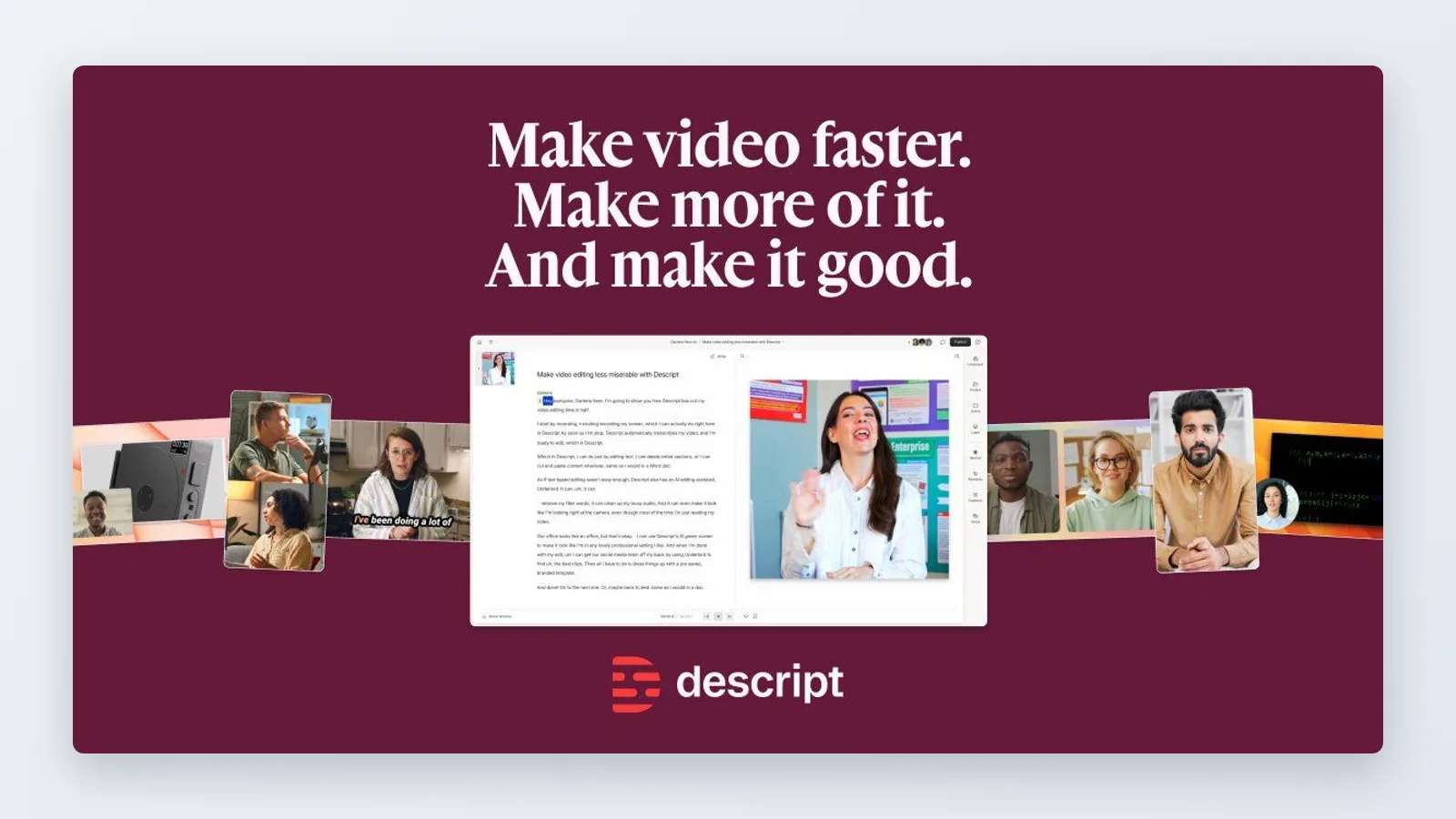 Descript share image showing its editor with a transcript column beside a video preview and the Descript logo