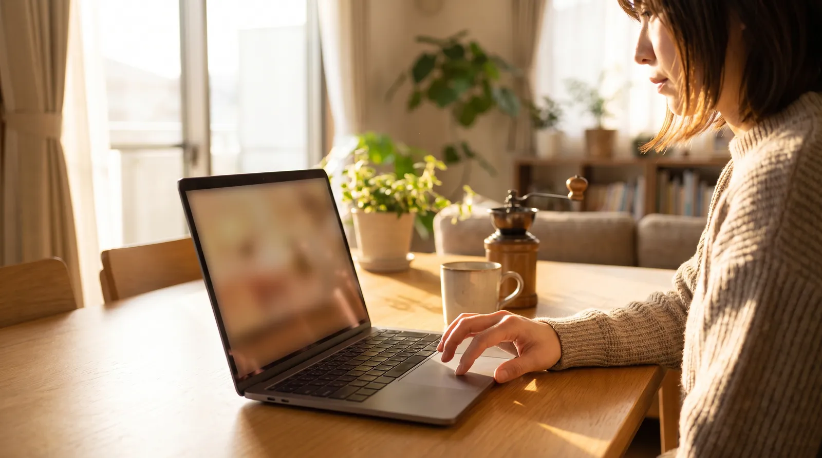 Blogger at a home table studying amazon affiliate website examples on an angled laptop screen