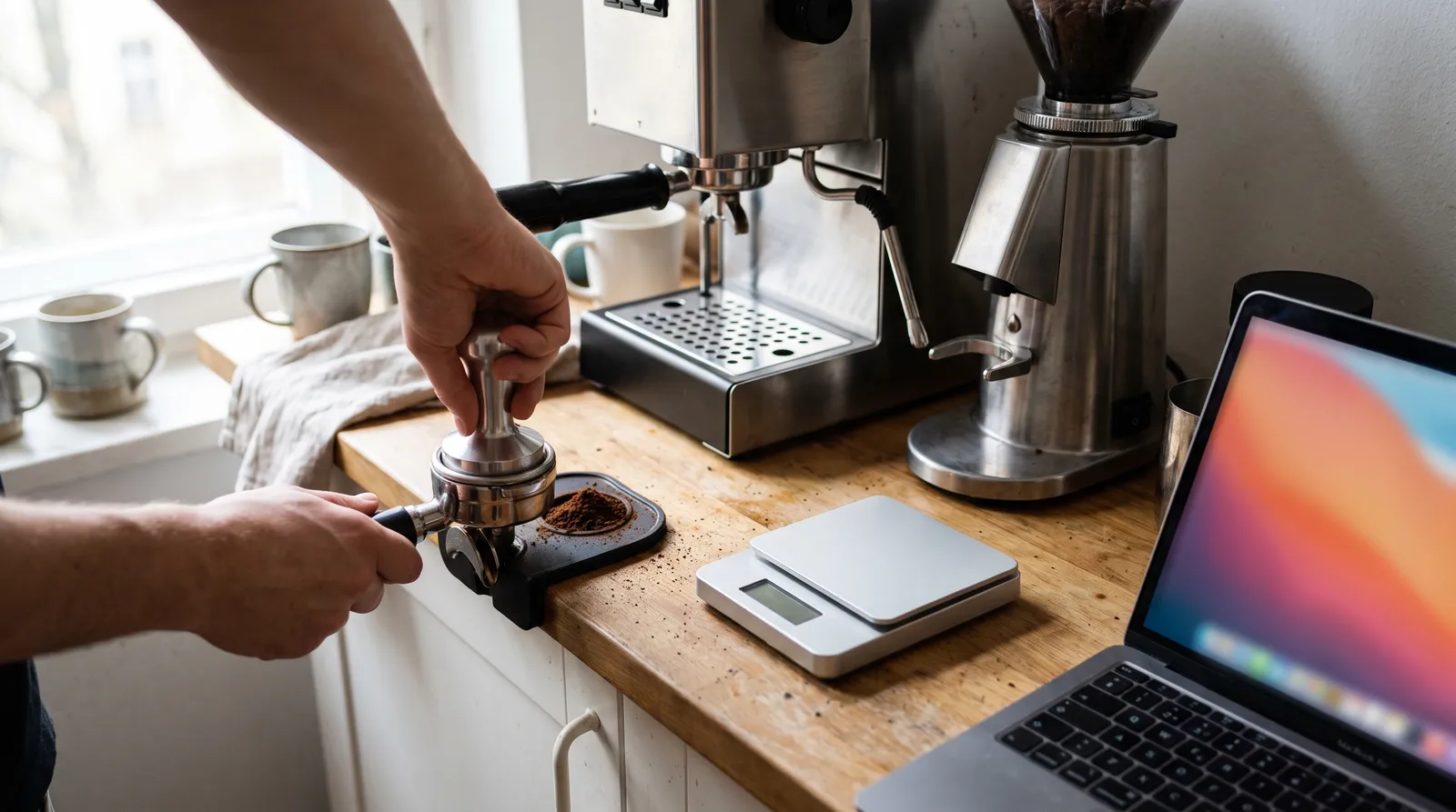 Hands tamping coffee grounds beside an espresso machine, grinder and scale on a home kitchen counter
