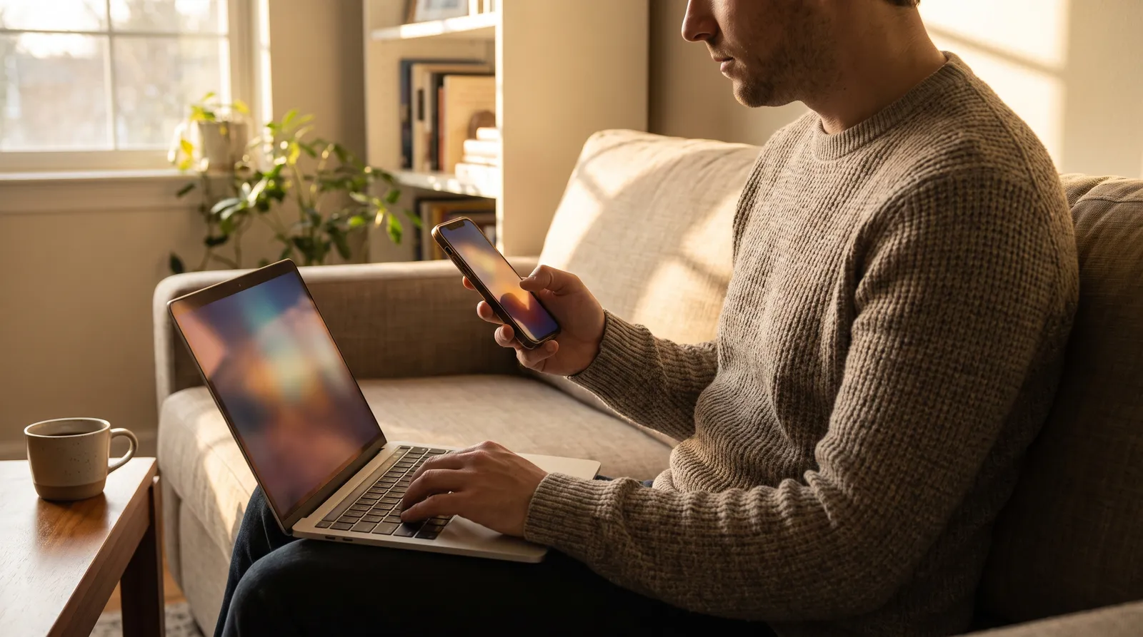 Man on a couch checking a phone and laptop side by side, both screens angled away and blurred
