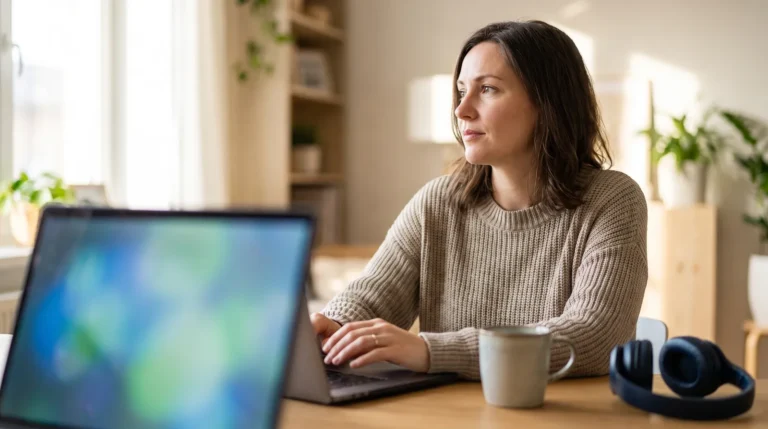 Blogger at a home desk researching b2b affiliate marketing programs on an angled laptop