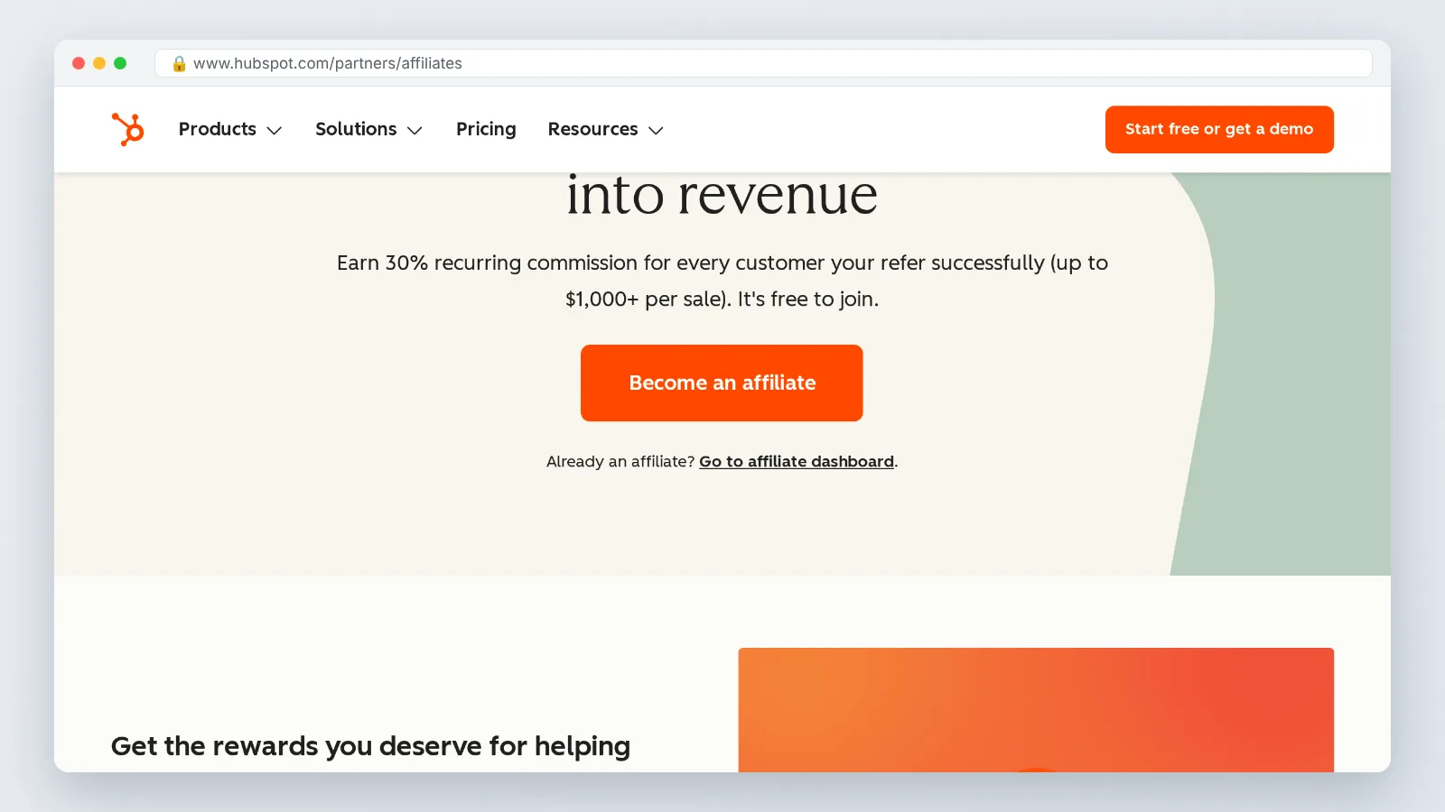 HubSpot affiliate program page showing 30% recurring commission, an example of B2B affiliate marketing terms