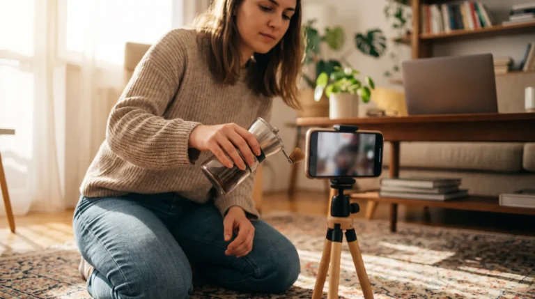 Creator filming a product demo on a phone tripod while planning Amazon affiliate links in TikTok videos