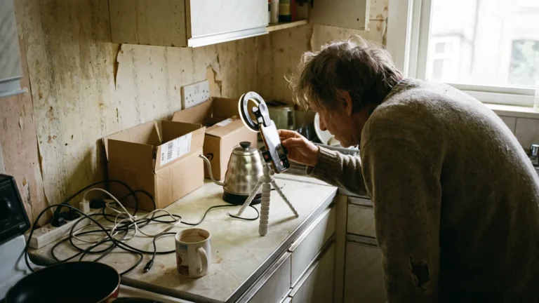 Creator filming an Amazon product demo for TikTok with a phone on a tripod in a home kitchen