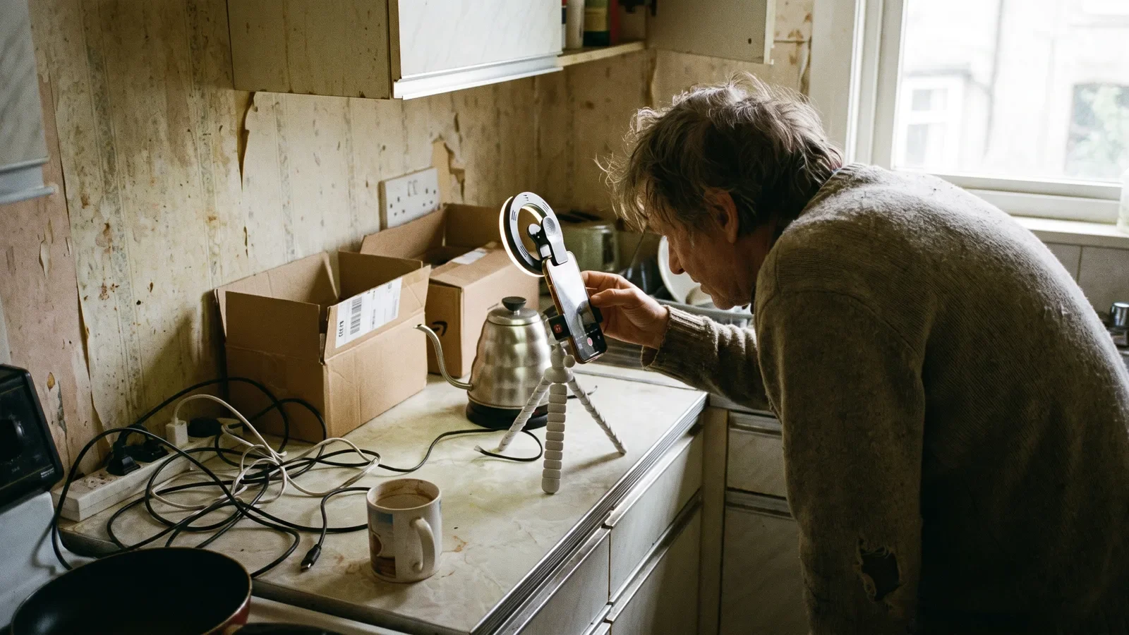 Creator filming an Amazon product demo for TikTok with a phone on a tripod in a home kitchen