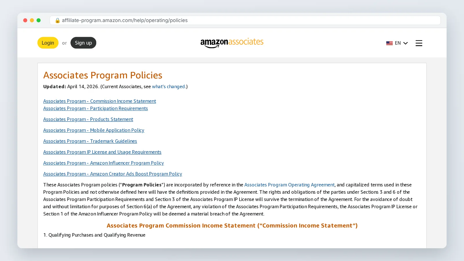 Amazon Associates policy page showing the required affiliate disclosure sentence for Associates.