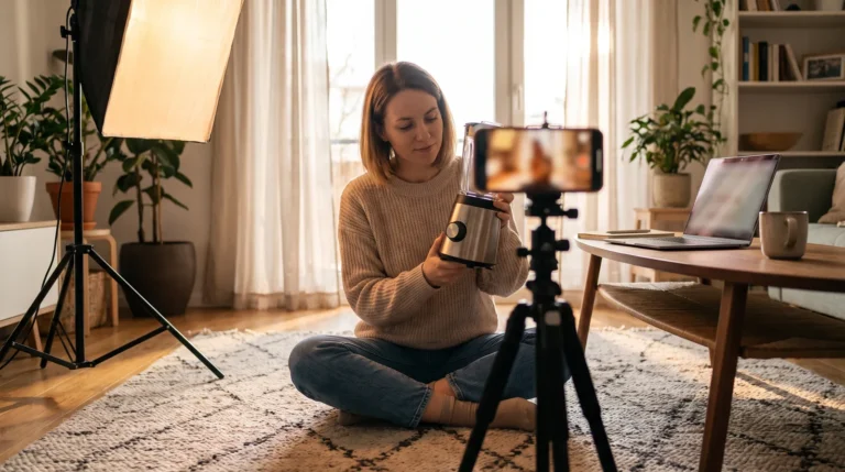 Creator filming a product demo at home to create an Amazon storefront as an influencer