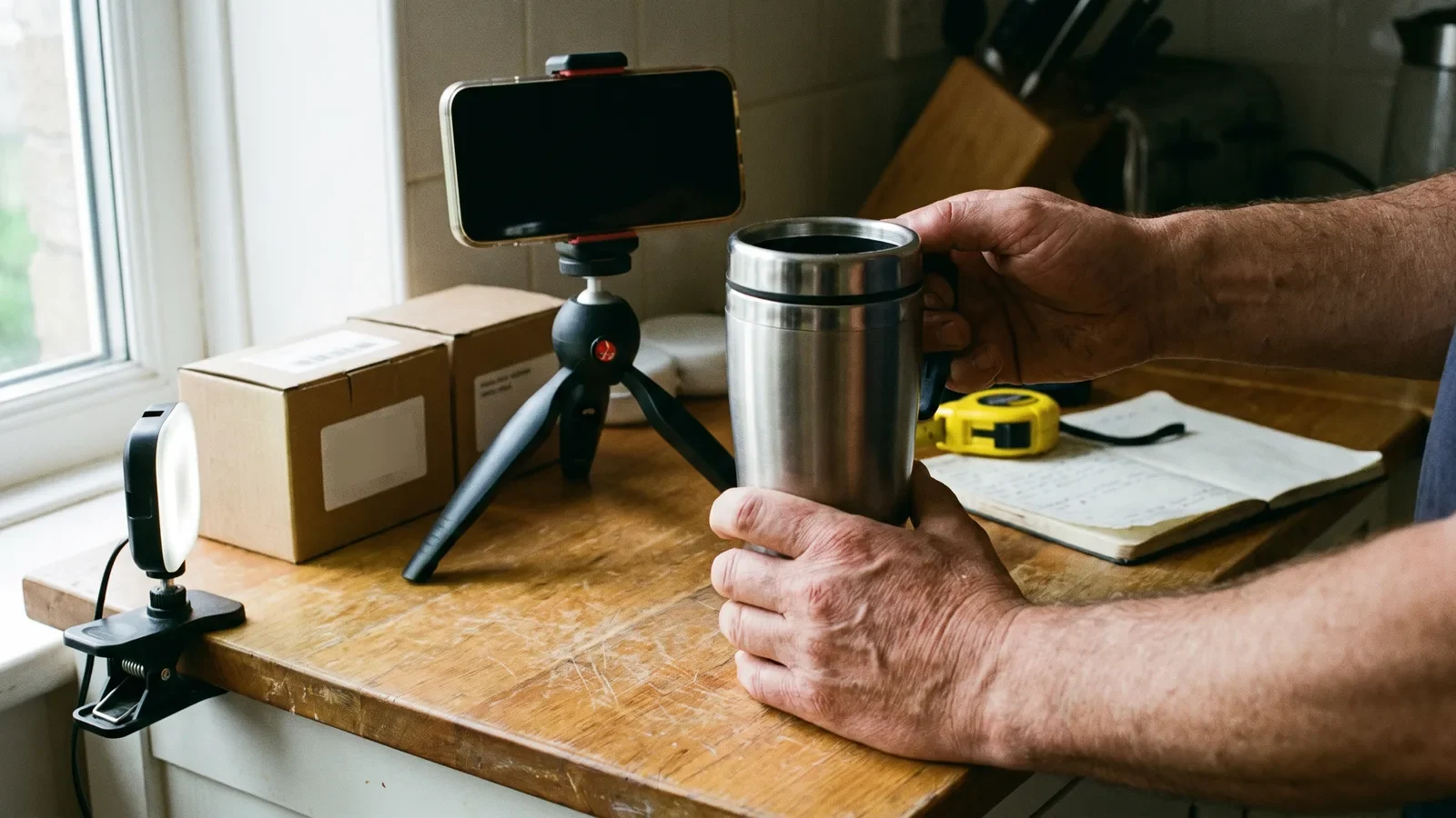 Hands holding a travel mug in front of a tripod-mounted phone while filming a product review at home