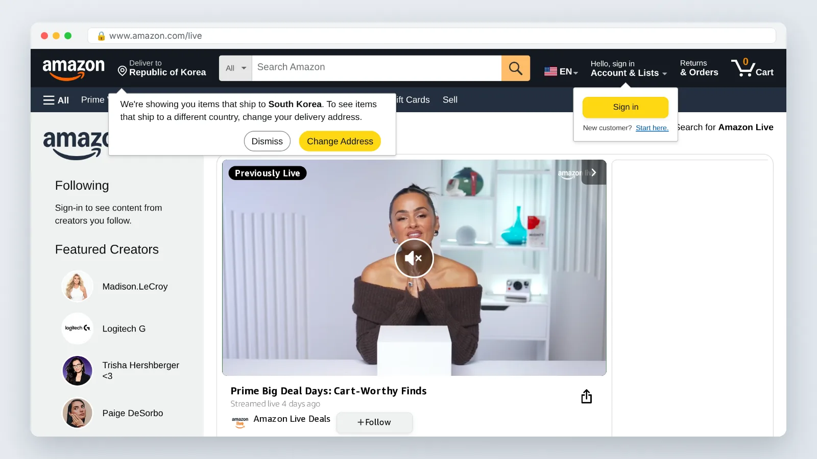 Amazon Live screen: Amazon Live homepage with category tabs and live/upcoming creator streams