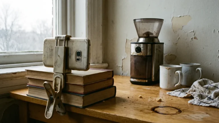 Phone propped on books filming a coffee grinder by a window, the free setup to start affiliate marketing with no money