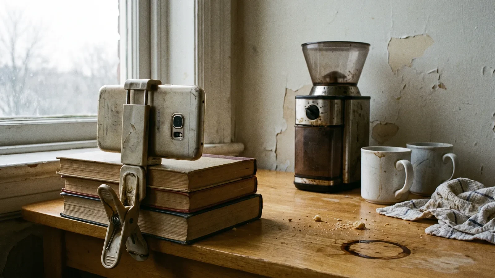 Phone propped on books filming a coffee grinder by a window, the free setup to start affiliate marketing with no money