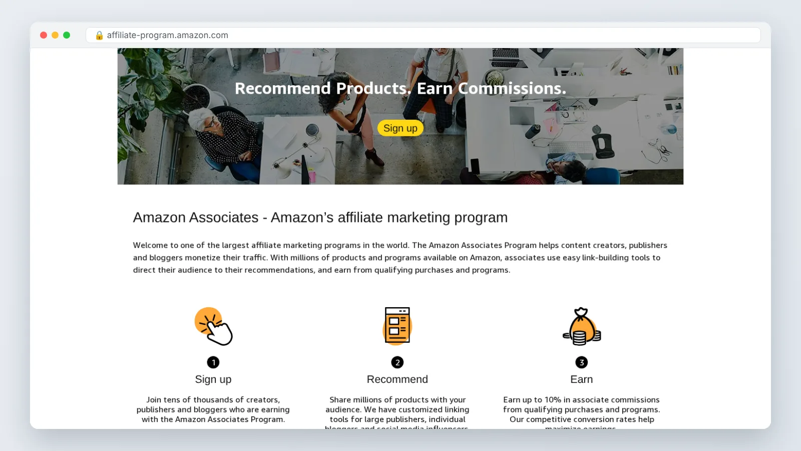 Amazon Associates screen: Sign-up form: account info, website/app list, profile and payment screens