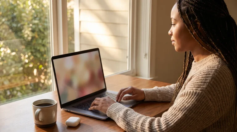 Blogger at a home desk researching whether affiliate marketing is legit on a laptop