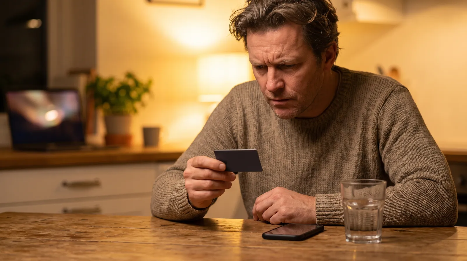 Man pausing with a credit card in hand at a kitchen table, hesitating before paying